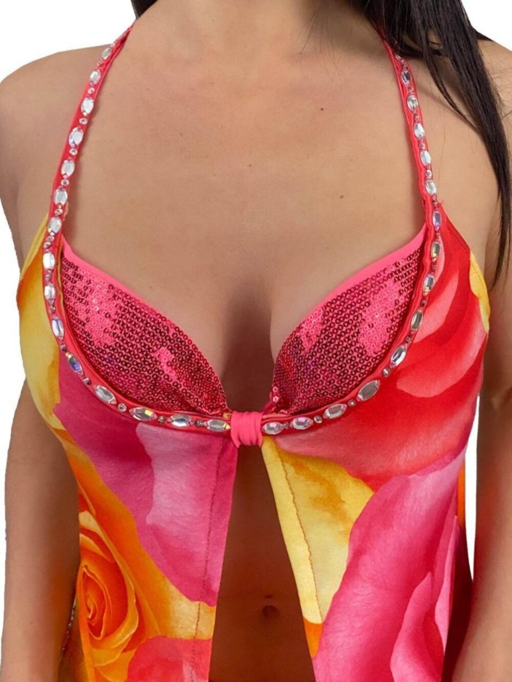 Floral Split Front Push Up Embellished Bra Top